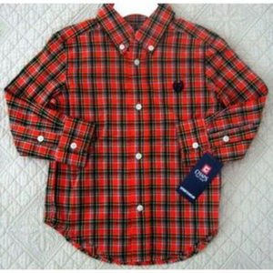 CHAPS Boys NWT Orange Plaid Button Down Long Sleeve Shirt Size 2T